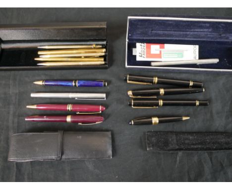 Approximately thirteen 20th century pens to include a engine turned silver Hasti rollerball pen, H.2 W.22 D.6.5cm Largest 