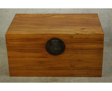 An early 20th century Chinese camphor wood twin handled box, with brass locking plate. H.46 W.91 D.31cm. 