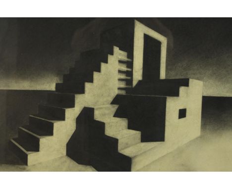 20th century, labyrinth staircase, monochrome print on paper, framed. H.79 W.96cm. 