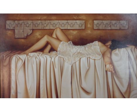 Alexandre Monntoya (Italian B.1974), Take Me Out Of Here, framed coloured print of lady reclining on a bed, titled and signed