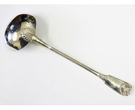 A William IV fiddle, thread and shell pattern silver ladle, William Chawner II, London, 1831, length 34cm, wt. 9oz.