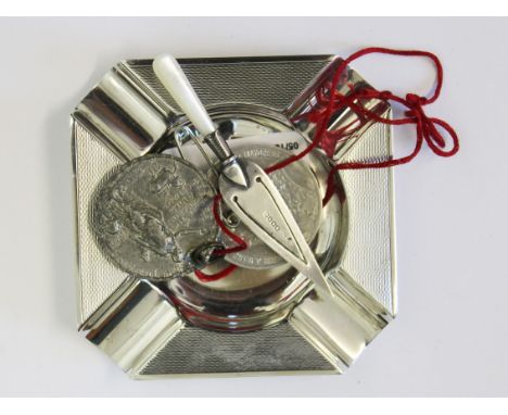 A hallmarked silver ash tray, two Preston Guild medals and a hallmarked silver book mark formed as a trowel.