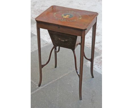 An Edwardian inlaid mahogany sewing or work table with hand painted portrait and floral decoration. H74cm.