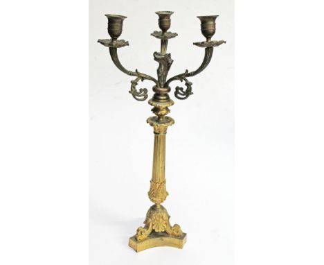 A 19th Century gilt metal three branch candelabra, height 51cm. Condition - good, no damage/repair, general wear.