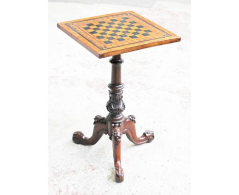 A fine early Victorian  parquetry inlaid chess top tripod table. H74cm.