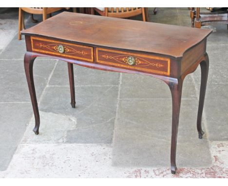 An Edwardian mahogany side table with inlaid drawers. W106cm D50cm H73cm.