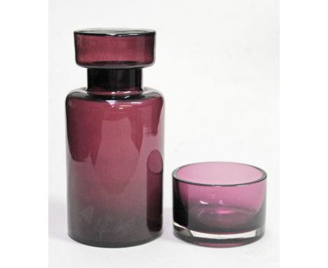 A Scandinavian style purple glass decanter, stopper and tumbler, height 21cm. Condition - minor nibbles to rims, general wear