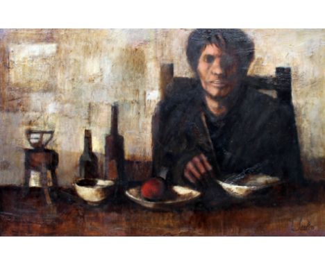 Giorgio Scalco(Italian 20th Century), man seated at table, oil on canvas, 118cm x 76cm, signed, framed.