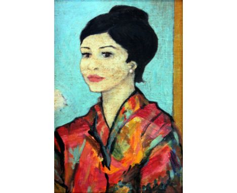 Mid 20th CEntury School, portrait of a Geisha, oil on board, 14cm x 21cm, framed.