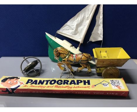 VINTAGE MAR TOYS CLOCKWORK HORSE + CART, YACHT, PANTOGRAPH + GYROSCOPE