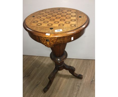 HEAVY CARVED 19TH CENTURY FITTED TRIPOD SEWING TABLE INLAID CHESSBOARD TOP