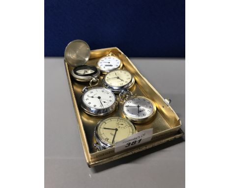 5 VINTAGE POCKET WATCHES + COMPASS (NOT TESTED)