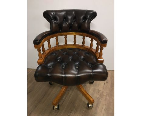 BUTTON BACK BROWN LEATHER CAPTAINS CHAIR