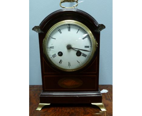 EARLY 20th CENTURY GEORGIAN STYLE INLAID MAHOGANY MANTEL CLOCK with 8 days movement striking on a coiled gong, in coach top c