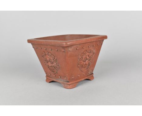 A Chinese Yixing Planter of Square Tapering Form, the Sides Decorated in Relief with Dragon Masks, Seal Mark to Base, 9cm hig