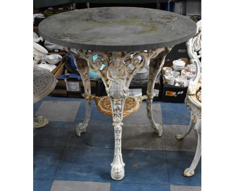 A White Painted Victorian Cast Iron Britannia Pub Table with Later Top Above a Foliate Frieze Centred by Lion Masks on Claw F