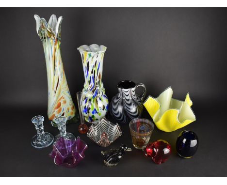 A Collection of Coloured Glass to Comprise Large Mottled Glass Vase, 50cm high, Handkerchief Bowls, Paperweights etc 