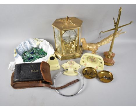 A Box of Sundries to include Vintage and Later Marbles, Kundo Pillar Clock, Vintage Camera, Gilt Pheasant, Brass Scales Etc 