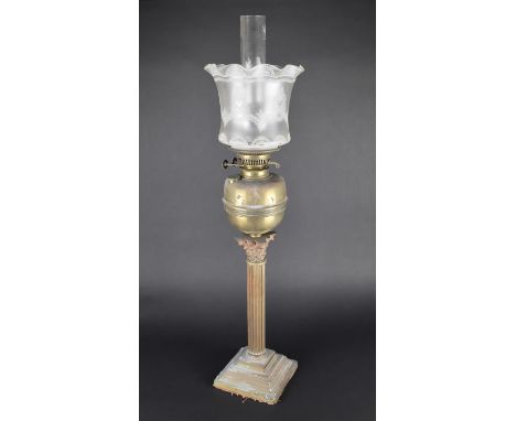 A 19th Century Brass Oil Lamp with Reeded Corinthian Column Support on Stepped Square Base, Etched Wavy Rim Shade and Plain C