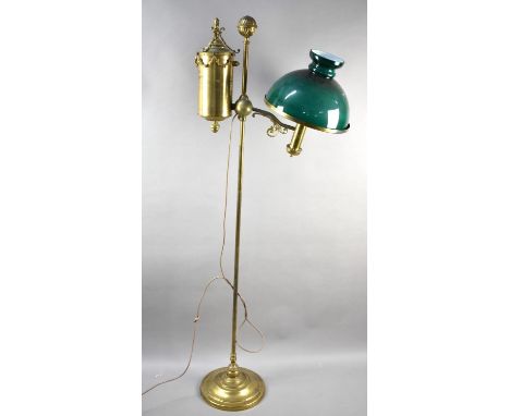 A Late 19th/Early 20th Brass Century Rise and Fall Oil Lamp Stand with Opaque Green Glass Shade, Converted to Electricity but