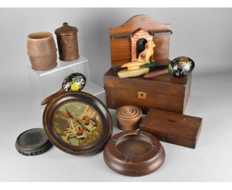 A Collection of Various Vintage Treen to Comprise Mahogany Work Box, Smaller Example, Turned and Carved Wooden Pots, Pipe Sta