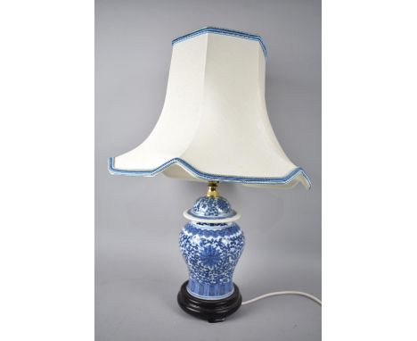 A Modern Oriental Blue and White Vase Shaped Table Lamp with Shade, 52cms High Overall 