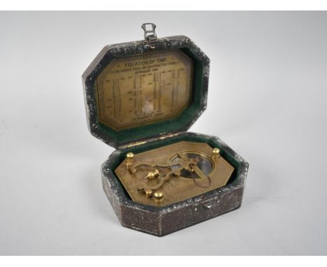 A Reproduction Cased Sundial Compass in Brass, the Hinged Lid with Engraved Scale to Inner, 11cm Long 