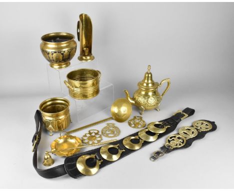 A Collection of Various Brassware to Comprise Indian Niello Pot, Horse Brass and Leather, Soho Foundry Ballarat Australia Lad