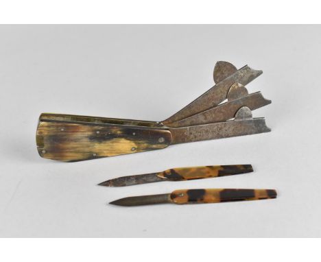A 19th Century Three Bladed Veterinary Fleam with Horn Scales together with Two Miniature Pen Knives with Tortoiseshell Scale
