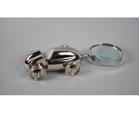 A Modern Silver Plated Novelty Desktop Magnifying Glass, the Handle in the Form of a Vintage Racing Car, 22.5cm Long 