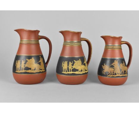 A Graduated Set of Three 19th Century Prattware Terracotta Jugs Decorated with Classical Scene and Greek Key Bands, Tallest 1