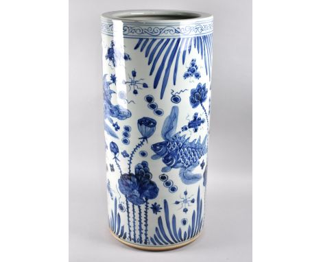 A Circular Blue and White Stick Stand Decorated with Carp and Flowers, 20.5cm Diameter and 58cm High 