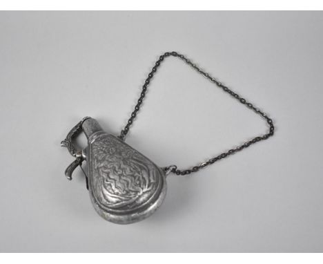 A Reproduction Cast Metal Continental Powder Flask Decorated with Eve Picking Apple , 15cm Long 