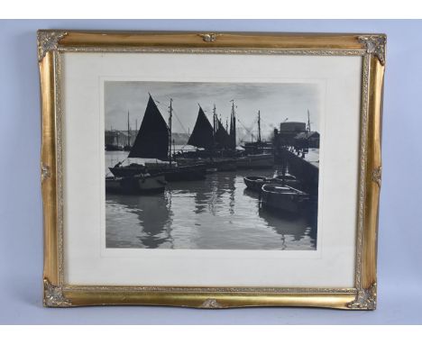 A Framed Vintage Monochrome Photograph of Fishing Barges in Harbour, 36x28cm 