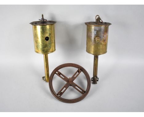Two Vintage Brass Clockwork Meat Jacks and a Wheel 