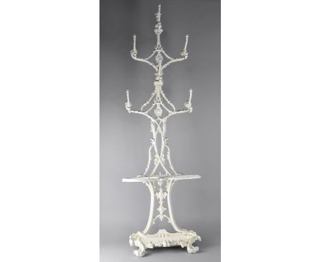 A Reproduction White Painted Cast Iron Hat Coat and Stick Stand in the Coalbrookdale Style with Six Hooks, 48cm wide and 152c