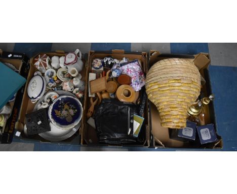 Three Boxes of Sundries to Include Ceramics, Glassware, Brass Candlestick, Treen etc 