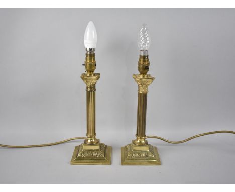 A Pair of Mid 20th Century Brass Table Lamp Bases of Corinthian Form on Stepped Square Bases, 30cm High 