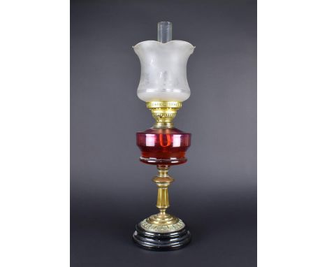 A Late Victorian Brass Based Oil Lamp with Cranberry Glass Reservoir and Etched Opaque Shade, Plain Chimney, Overall Height  