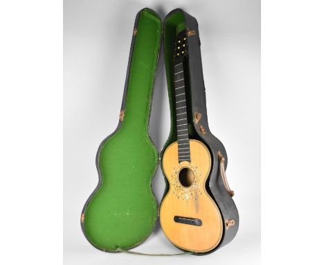 A Vintage Acoustic Guitar with Mother of Pearl Inlay, in Case which Measures 44x31cm Max