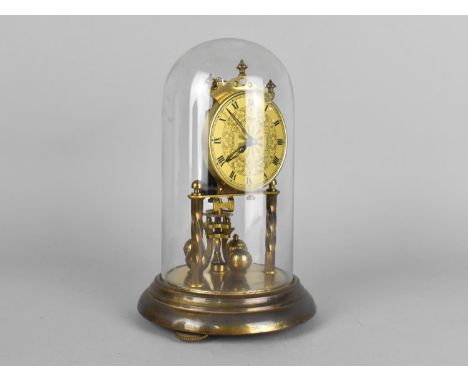 A Mid 20th Century Brass Pillar Clock by Hermle Under Glass Dome , 22cm High 