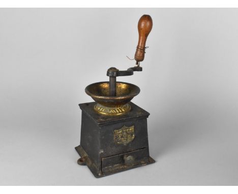 A Vintage Brass Mounted Cast Iron Coffee Grinder with Base Drawer, Wooden Handle AF 