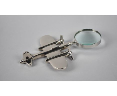 A Reproduction Chrome Metal Novelty Desktop Magnifying Glass in the Form of a Twin Engine Vintage Aeroplane , 24cm Long 