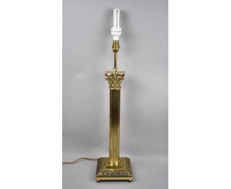 A Late 20th Century Brass Table Lamp Base in the Form of a Tall Ribbed Corinthian Column with Extension, Total Height 65cm (N