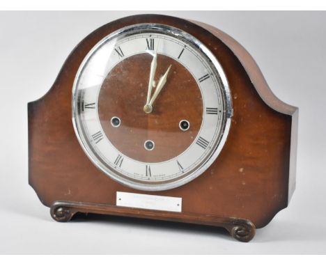 A Mid 20th Century Walnut Cased Westminster Chime Presentation Mantel Clock Celebrating 45 Years in B.R. Western Region 
