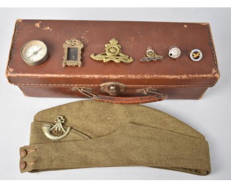 A Collection of Military Enamelled Badges, Miniature Easel back Picture Frame, KSLI Cap, Compass and Trench Art Padlock made 