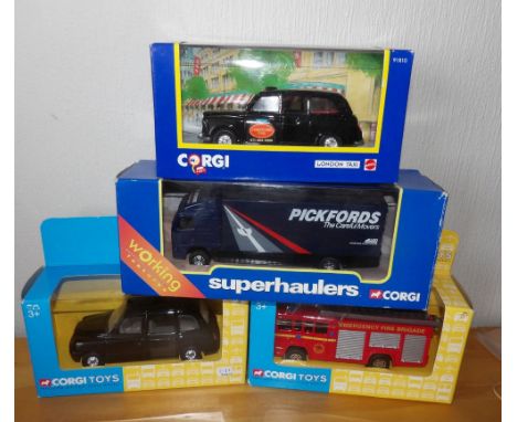 Corgi x 4 2 London taxis City fire Engine &amp; Volvo Pickfords rigid lorry 
