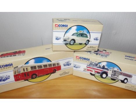 Three Corgi vehicles, one bus 97364, fire engine 97395 and a Morris Minor 96756 P&amp;P group 2 (£20 for the first item and £