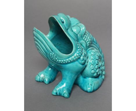 A BURMANTOFTS GROTESQUE TOAD SPOON WARMER, early 20th century, modelled seated with free-standing forelegs in a turquoise gla