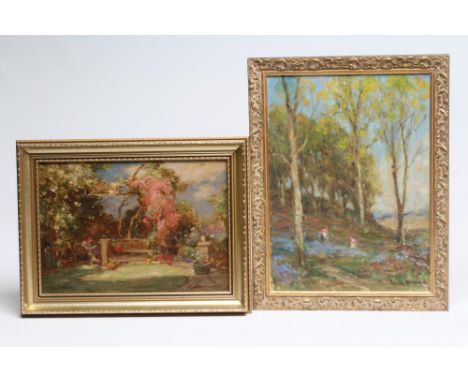 OWEN BOWEN R.O.I. (1873-1967), Figure Reading in a Summer Garden, oil on canvas, signed, 10" x 14", together with another, Fi